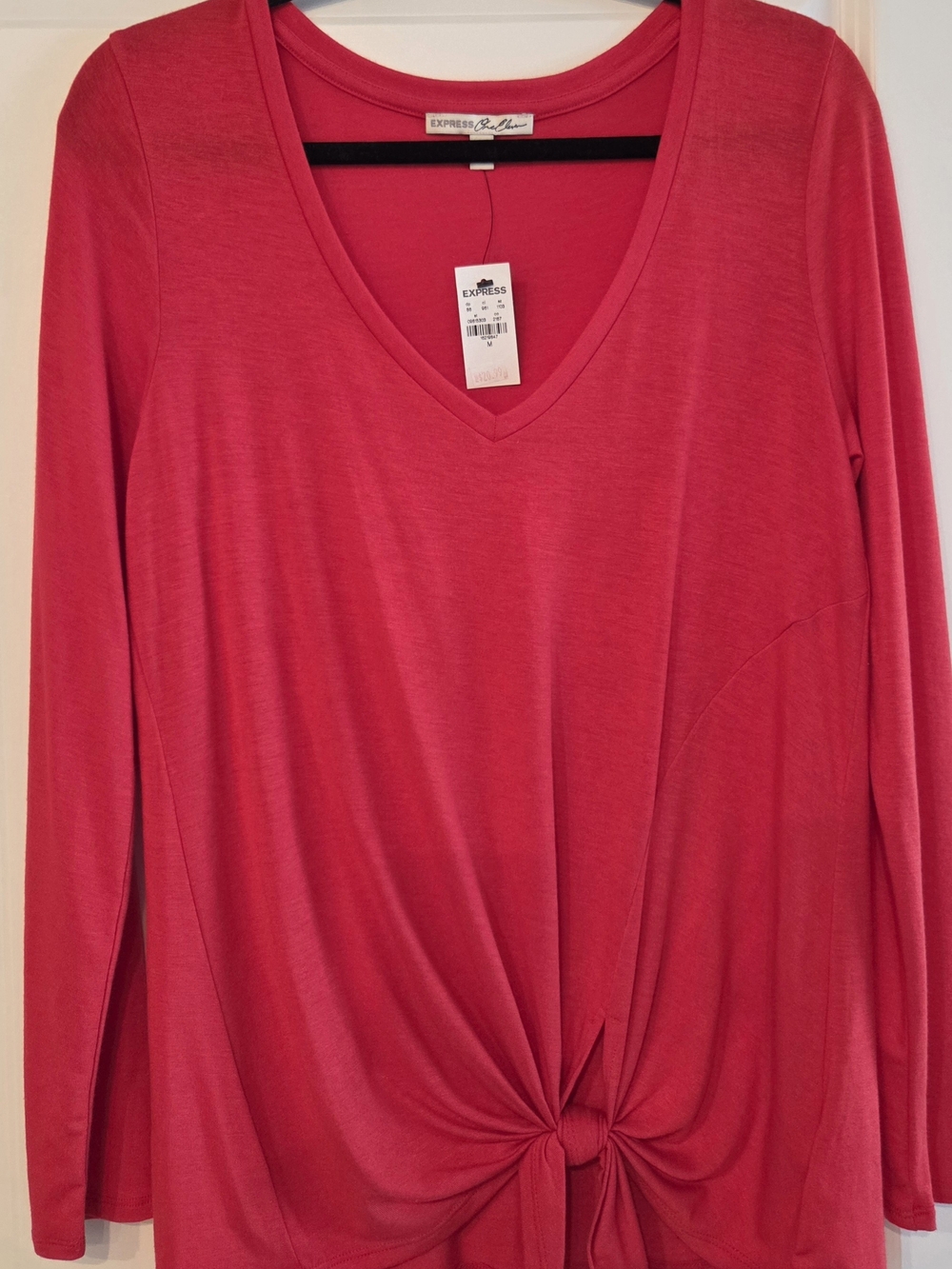 Express Red V-Neck Long Sleeve Knot Front Top